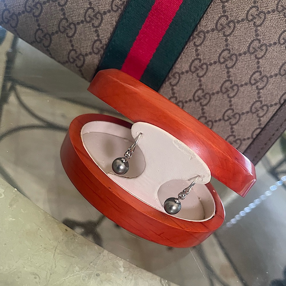 14kt White gold Tahitian pearl diamond earrings.  Appraisal included